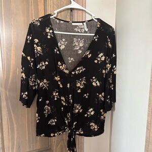 Chic Black and Tan Wrap Blouse with Tie Front